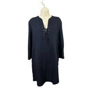 THEORY Jullitah Navy Sz 8 Neck Lace Up Tencel Dress Lightweight